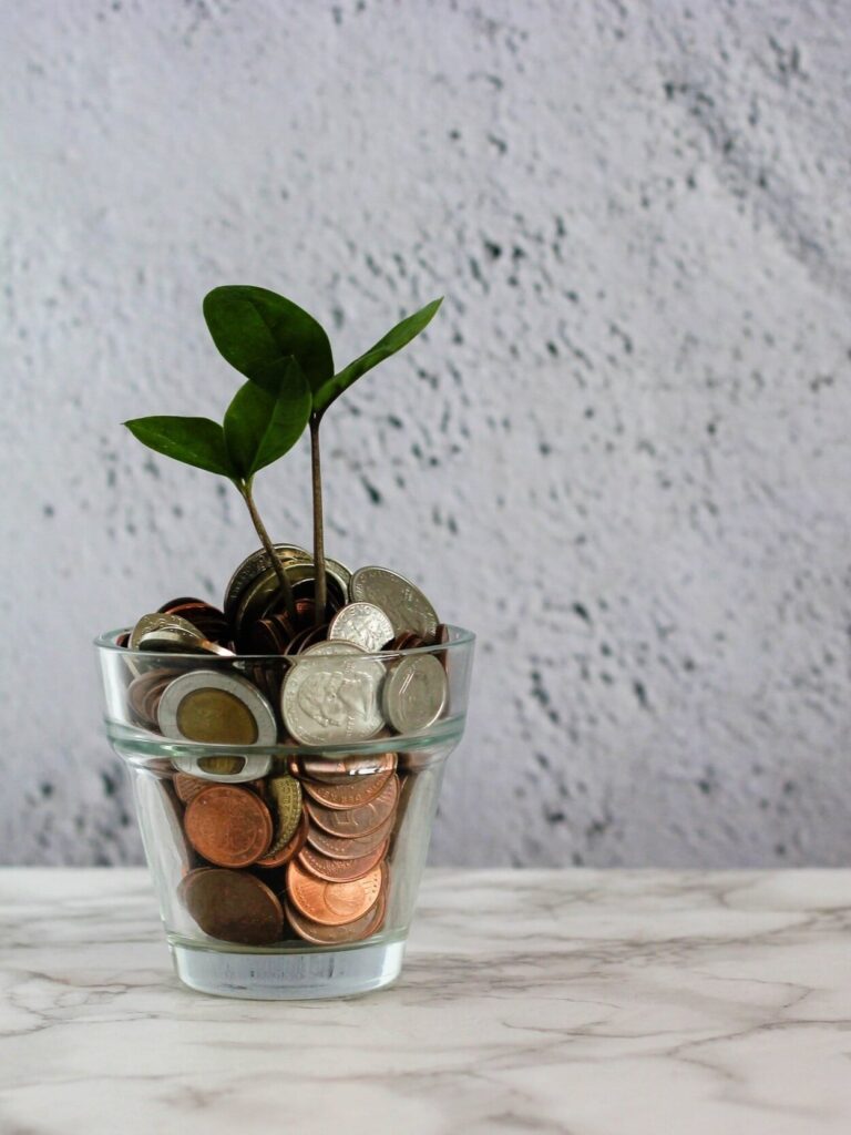 A small glass pot filled with assorted coins, featuring two green leaves sprouting from the top, sits on a marble surface against a textured gray wall background.