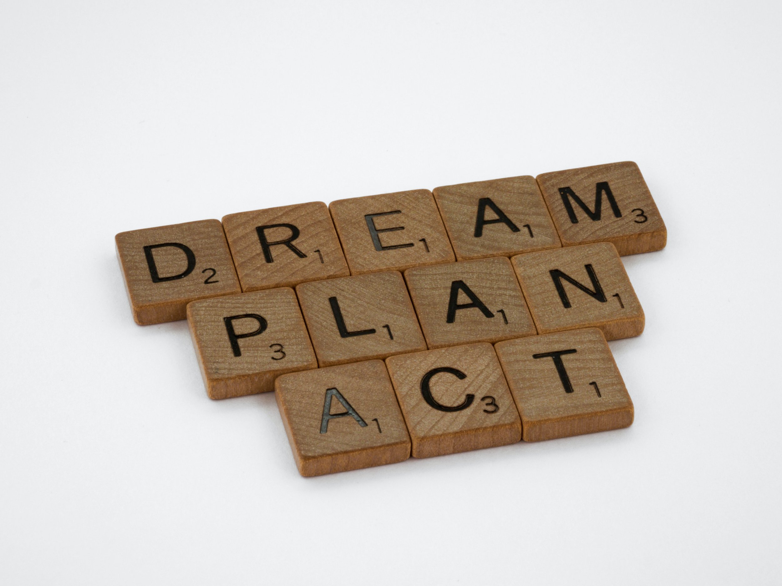 Wooden Scrabble tiles arranged to form the words "DREAM," "PLAN," and "ACT." The tiles are placed on a plain white background.