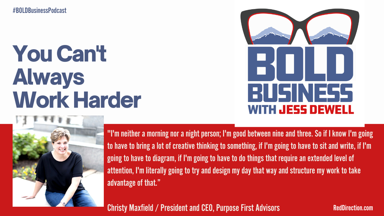 A graphic promoting the BOLD Business Podcast with Jess Dewell. It features text: "You Can't Always Work Harder." Below, Christy Maxfield is sitting casually. A quote from Maxfield discusses the importance of structuring work for creative thinking.