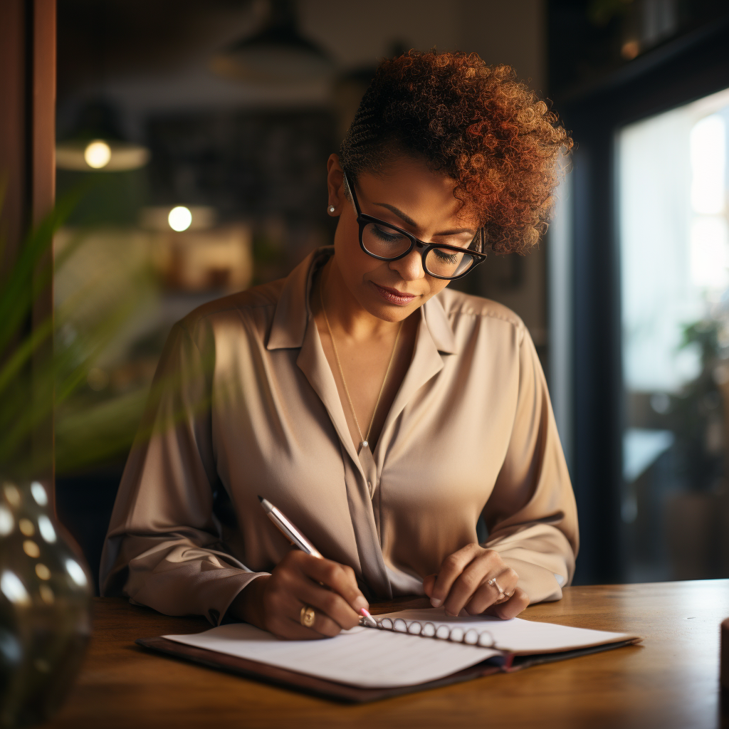 A woman with curly hair and glasses sits at a wooden table, writing in a notebook. She wears a beige blouse and is focused on her work. The background is softly lit with blurred indoor plants and decor.