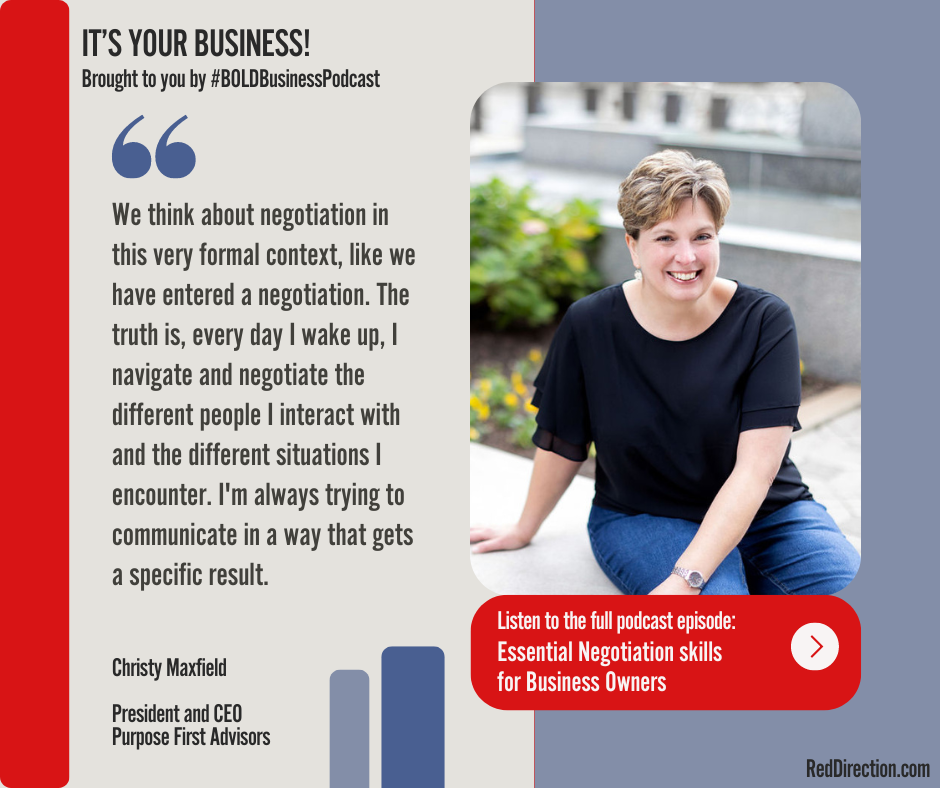 Woman with short hair, wearing a black top and jeans, sits outdoors, smiling. A speech bubble quotes her discussing negotiation. Text promotes a podcast on negotiation skills for business owners. A red rectangle highlights, "Listen to the full podcast episode.