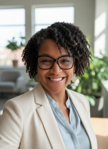 A woman with curly hair and glasses, wearing a light blazer and blue blouse, smiles in a bright office with large windows and green plants in the background.